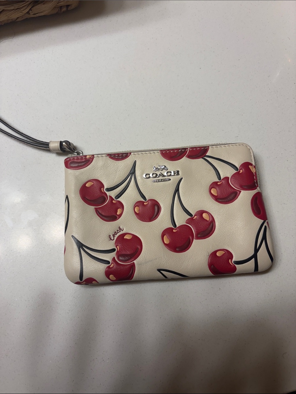 COACH Cherry Print Wristlet in Cream and Red